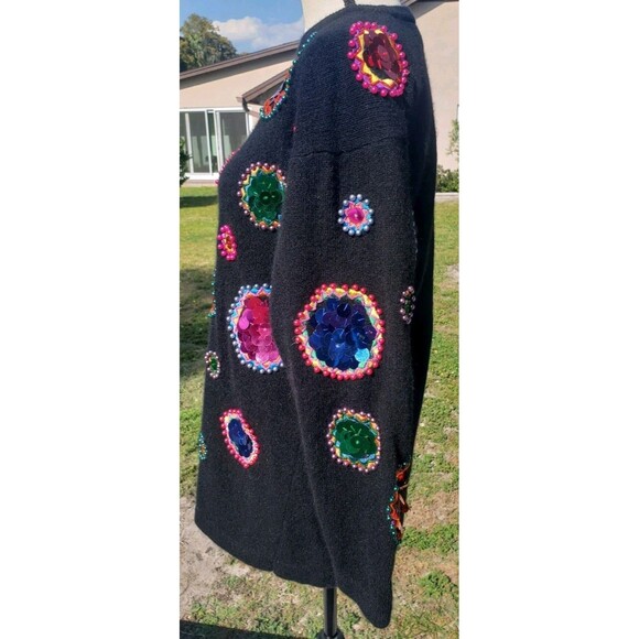 Vtg Cedars M Lambswool Angora Black Sweater Beads Pearls Sequins Ugly Christmas - Picture 2 of 12